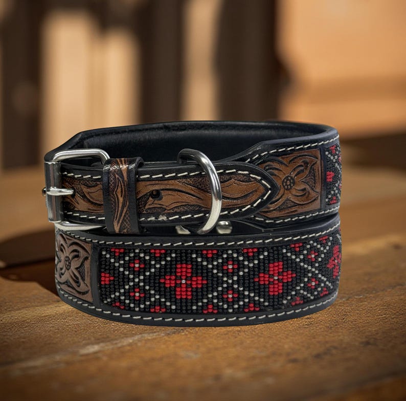 Handmade Leather Dog Collar Beaded Design, Western Style, Heavy Duty ...