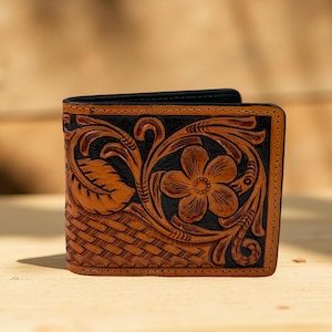 Western Genuine Leather Tooled Floral Men&#39;s Wallet Organizer, Full Grain Bifold Tooled Wallet, Rodeo Wallet For Cowboy Card Case