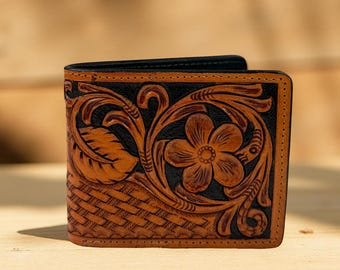 Western Genuine Leather Tooled Floral Men's Wallet Organizer, Full Grain Bifold Tooled Wallet, Rodeo Wallet For Cowboy Card Case
