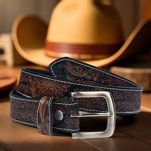 Tooled Western Floral Engraved Leather Belt 100% Genuine Full Grain Cowhide Engraved Personalized Handmade Genuine Leather Cowboy Belt