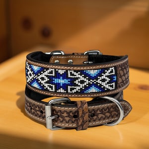 Leather Dog Cat Puppy Collar Personalized Tooled Embossed Carved Western Style Heavy Duty Padded Soft Adjustable Collar