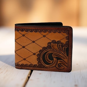 Western Genuine Leather Tooled Floral Men&#39;s Wallet Organizer, Full Grain Bifold Tooled Wallet, Rodeo Wallet For Cowboy Card Case