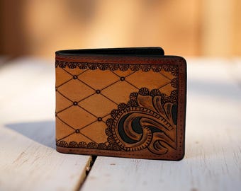 Western Genuine Leather Tooled Floral Men's Wallet Organizer, Full Grain Bifold Tooled Wallet, Rodeo Wallet For Cowboy Card Case