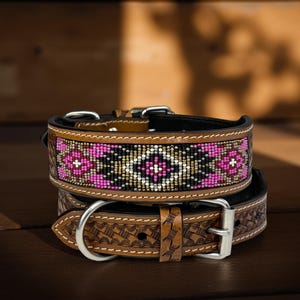 Leather Dog Cat Puppy Collar Personalized Tooled Embossed Carved Western Style Heavy Duty Padded Soft Adjustable Collar