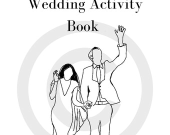 Könnte beinhalten: Eine Schwarzweiß-Zeichnung eines Brautpaares, das geht, mit dem Text "Wedding Activity Book" darüber.