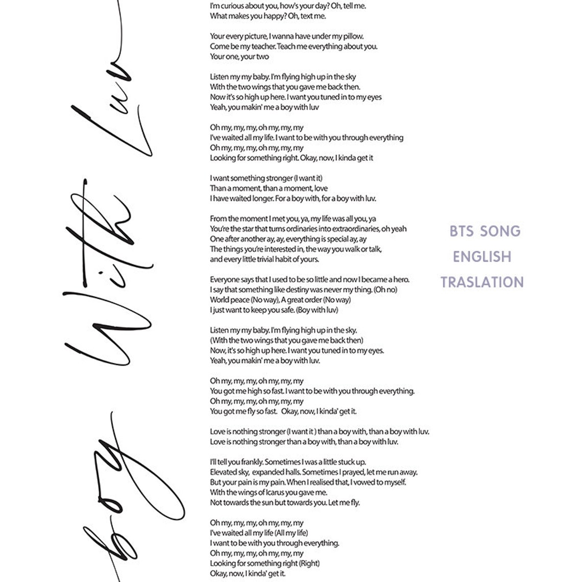 Boy With Luv paroles Poster BTS chansons paroles Prints BTS Etsy
