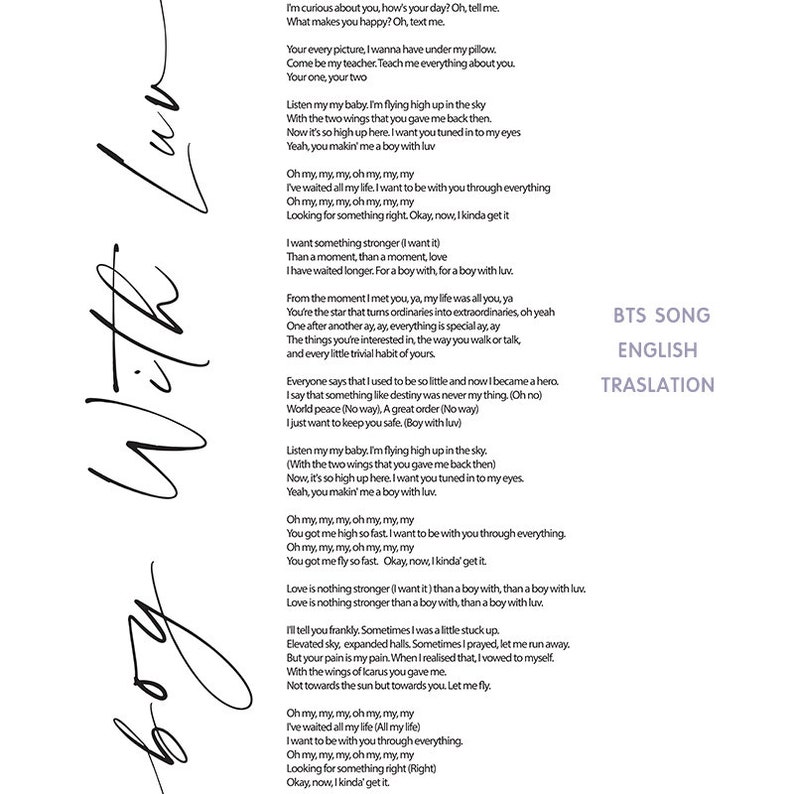 Boy With Luv lyrics Poster BTS song lyrics Prints BTS Song
