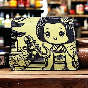 Handgefertigtes Mini-Portemonnaie aus Leder – Japanische Kawaii-Gravur, Einzigartige Edition – Weiße Rückseite, nur 1 verfügbar