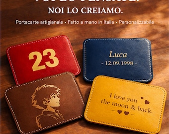 Portacarte in Pelle Personalizzato con Incisione – Porta Tessere Artigianale Uomo – Nome, Iniziali, Logo – Regalo per Gamer, Anime e Film
