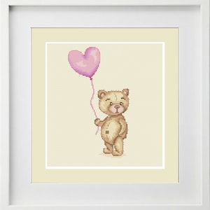 Teddy Bear Cross Stitch Pattern Digital PDF Bear with balloon cross stitch pattern bear cute bear cross stitch Valentine&#39;s day cross stitch