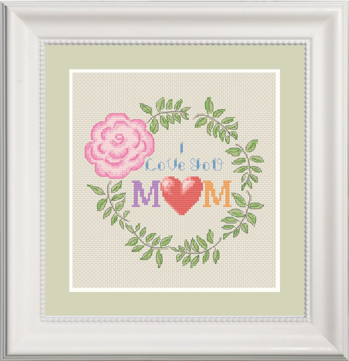I Love You Mom Cross Stitch Pattern Mother's Day Gift, Flower Wreath