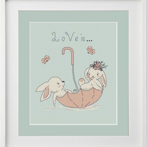 Rabbits Couple in love cross stitch pattern cute Umbrella Bunnies Bunny Rabbit Love Cute Rabbit Cross Stitch Pattern, PDF Instant Download