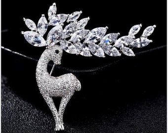 Beautiful Handmade Silver Deer Brooch, 3.5ct American Diamond (CZ), Purity 925 Sterling Silver Brooch