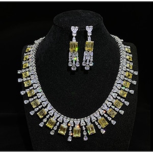 Yellow Sim Diamond Necklace Earring Set: 925 Sterling Silver Jewelry