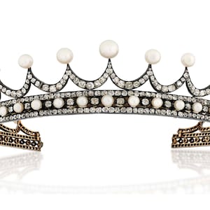Antique 10.50ct Rose Cut Diamond & Fresh Pearl Classical Handmade 925 Sterling Silver Tiaras/Crown