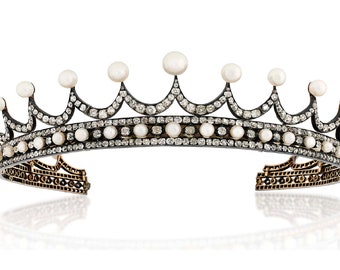 Antique 10.50ct Rose Cut Diamond & Fresh Pearl Classical Handmade 925 Sterling Silver Tiaras/Crown