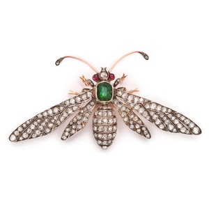 Victorian Rose Cut Diamond Bee Brooch: Emerald, Ruby, 925 Sterling Silver