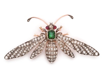 Victorian Rose Cut Diamond Bee Brooch: Emerald, Ruby, 925 Sterling Silver