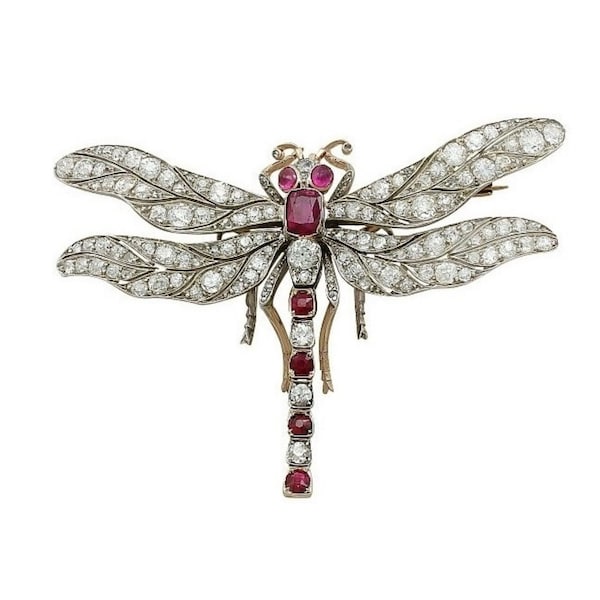 Belle 2.25ct Rose Cut Diamond & 4.20ct Natural Ruby Handmade Dragonfly Brooch, Purity 925 Sterling Silver