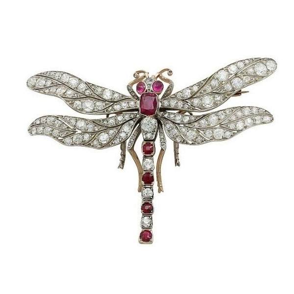 Handgemachte Rose Cut Diamant Rubin Libellen Brosche: 925 Sterling Silber