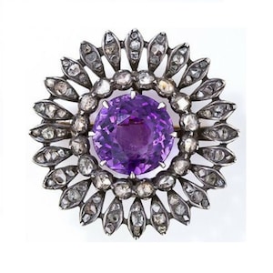Antique Rose Cut Diamond Amethyst Brooch: 925 Sterling Silver Unisex Pin