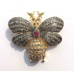 Antique Handmade Bee Brooch: 3.5ct Rose Cut Diamond, Ruby, 925 Sterling Silver