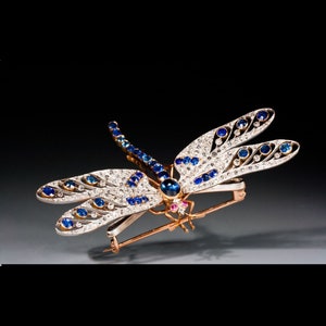 Art Deco Sterling Silver Dragonfly Brooch: Moissanite & Simulated Sapphire
