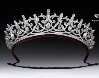 Beautiful 12.50ct American Diamond & Natural 5.20ct Citrine, 925 Sterling Silver Handmade Tiaras/Crown