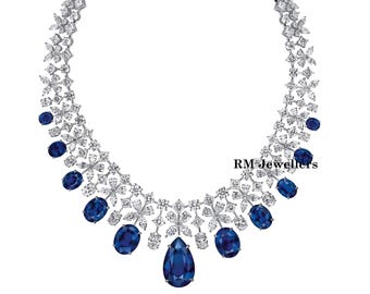 Royal Elegance Statement Diamond Necklace Handmade 925 Sterling Silver Zircon, Sapphire Fine Jewelry Necklace