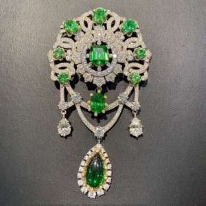 Victorian American Diamond & Emerald Silver Brooch, 15.65ct Diamond, Silver Purity 92.5 ,Handmade Silver Amazing Brooch