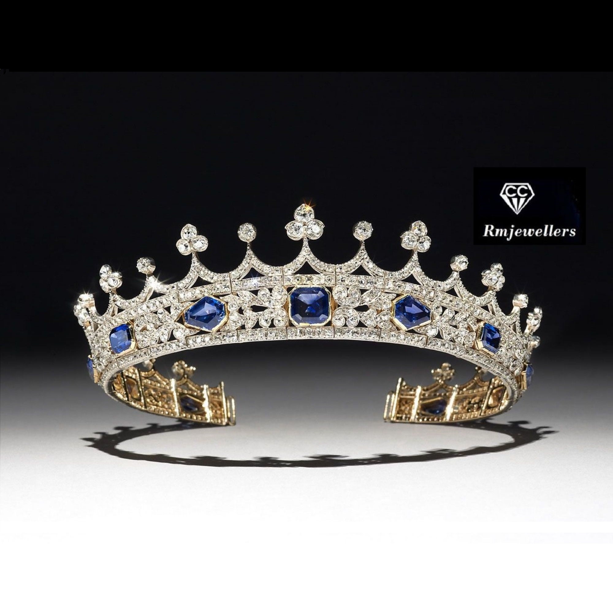 Handmade Diamond & Blue Sapphire Tiara: Sterling Silver  display picture 3