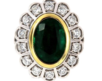 Emerald & Diamond Ring: Victorian Style 925 Sterling Silver Handmade