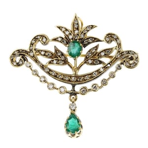 Victorian Emerald & Rose Cut Diamond Brooch: Handmade Sterling Silver