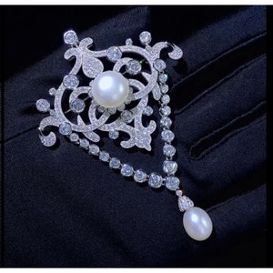 Antique 925 Sterling Silver 7.5ct American Diamond & White Real Pearl Glorious Handmade Silver Brooch