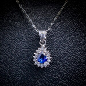 Blue Sapphire Teardrop Pendant: American Diamond CZ, Sterling Silver