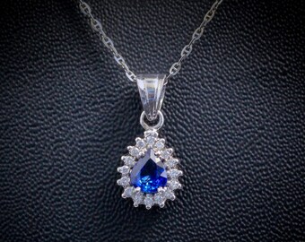 Blå safirhänge med droppform: Amerikansk diamant CZ, sterlingsilver