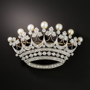 Edwardian Diamond & Natural Pearl Crown Brooch, 18k Gold Plated 925 Sterling Silver Handmade Fancy Brooch, Wedding/Engagement Brooch