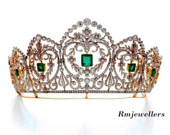 Victorian Antique 18.90ct Rose Cut Diamond & 10.5ct Emerald Handmade Silver Tiaras/Crown, Purity 925 Silver || Wedding And Engagement Tiara