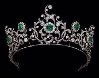 Victorian 12.50ct Rose Cut Diamond & 4.5ct Emerald Glorious Floral Handmade Tiaras/Crown, Purity 925 Silver Bridal Tiara || Wedding Tiara