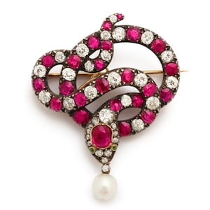 Victorian Sterling Silver Snake Brooch: Ruby, Pearl & American Diamond
