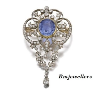 Victorian Sterling Silver Brooch: 2.5ct Rose Cut Diamond & 4.5ct Blue Sapphire