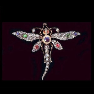 Antique Rose Cut Diamond Dragonfly Brooch: Multi Gemstone Sterling Silver