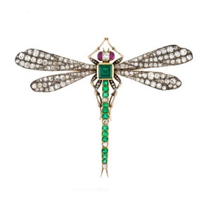 Beautiful Art Deco Natural Emerald 7.85ct American Diamond Ruby, 925 Sterling Silver Handmade Dragonfly Brooch