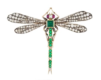 Beautiful Art Deco Natural Emerald 7.85ct American Diamond Ruby, 925 Sterling Silver Handmade Dragonfly Brooch