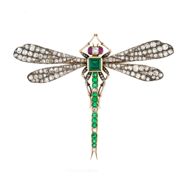 Wunderschöner Art Deco Natürlicher Smaragd 7.85ct Amerikanischer Diamant Rubin, 925 Sterling Silber Handgemachte Libelle Brosche Bild 1