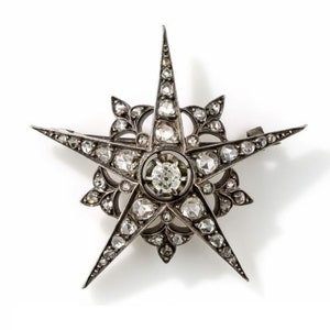 Victorian Star Brooch: Handmade 2.5ct Rose Cut Diamond, Sterling Silver