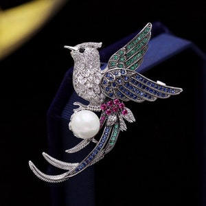 Handmade Sterling Silver Swallow Brooch: Diamond & Pearl Bird Pin