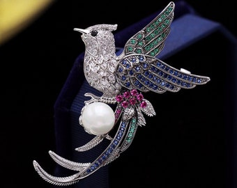 Gorgeous Handmade Swallow Bird Brooch Pin, Silver Purity 925, 3.25ct Diamond & White Fresh Pearl Silver Brooch