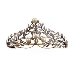 Antique Rose Cut Diamond Pearl Tiara: Sterling Silver Bridal Crown