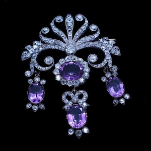 Victorian Amethyst Diamond Brooch Pendant: 925 Sterling Silver